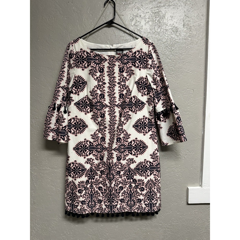 Vince Camuto Sheath Dress Sz 14 White Pink Navy 3/4 Bell Sleeve Tassels